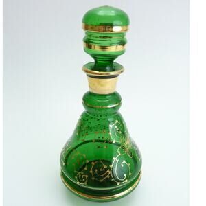 Vintage Green with Gold Accents Glass Bohemian Decanter Potion Bottle